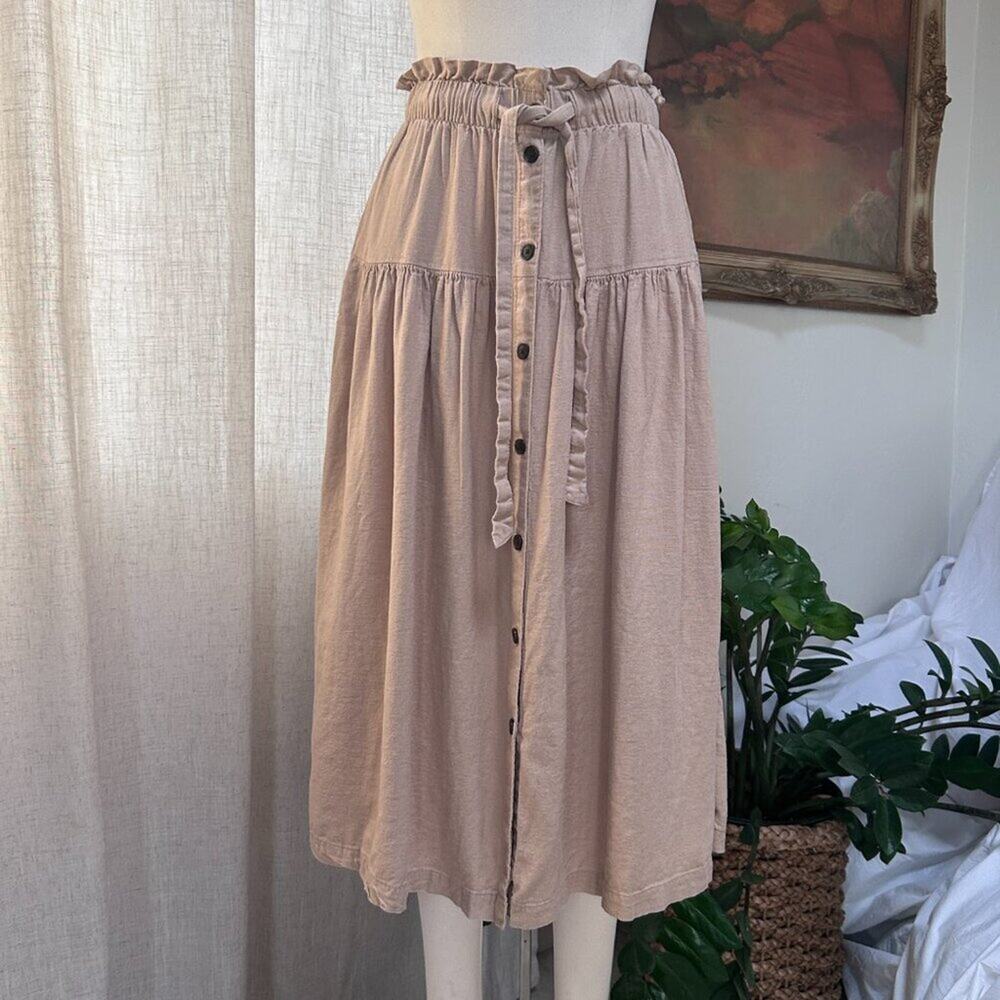 Romantic Cottage Peasant Linen Button Front Midi Skirt Neutral Tie Tiered XS - Picture 2 of 11
